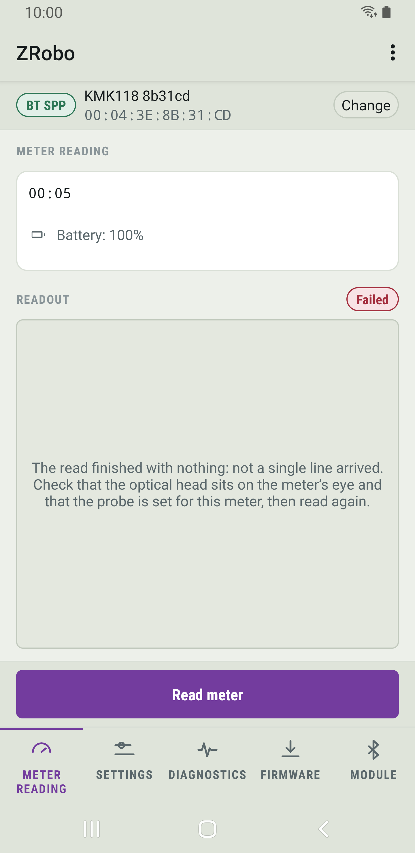 ZRobo showing Failed next to Readout and a message that not a single line arrived.