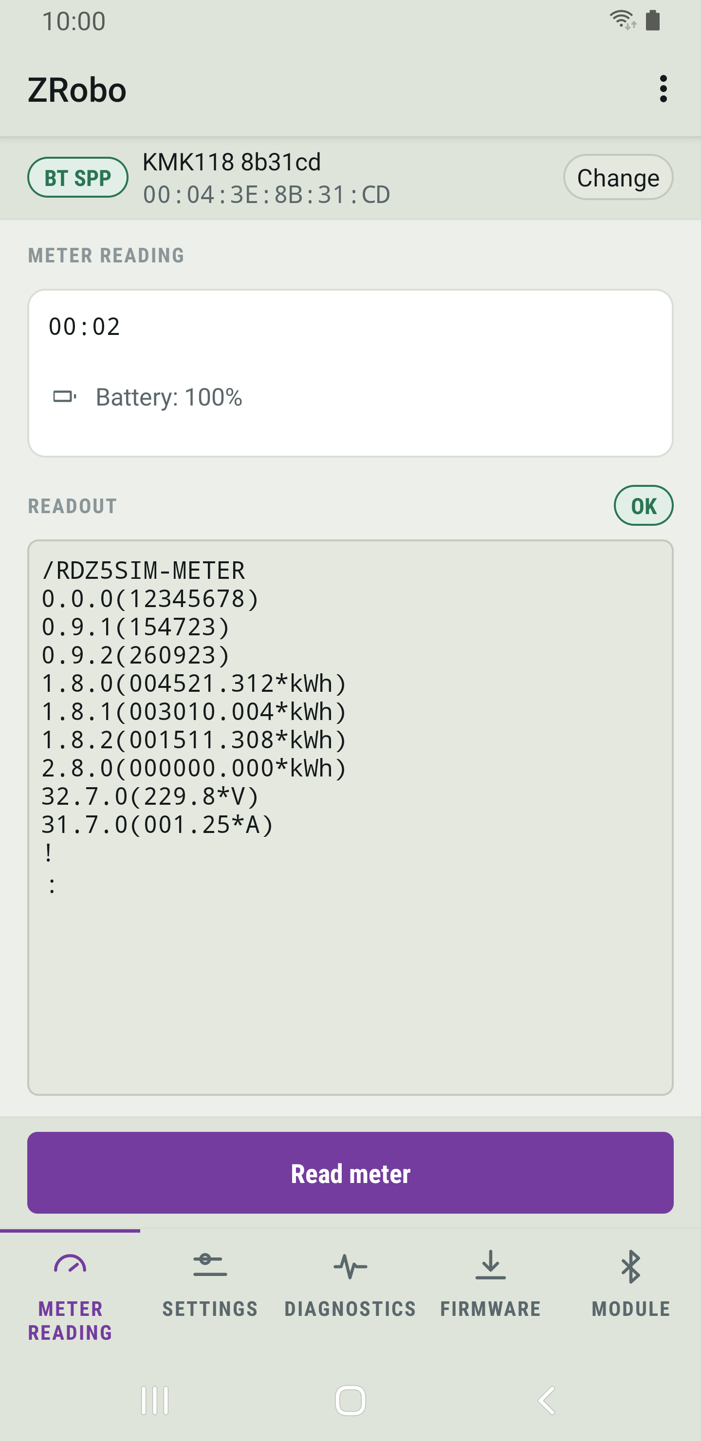 ZRobo showing a complete meter reading with the label OK next to Readout.