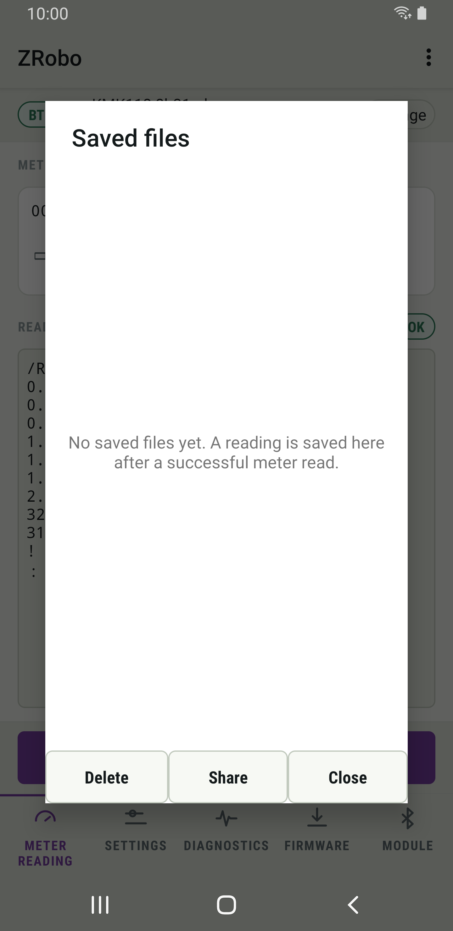 ZRobo's Saved files screen with no files and the Delete, Share and Close buttons.