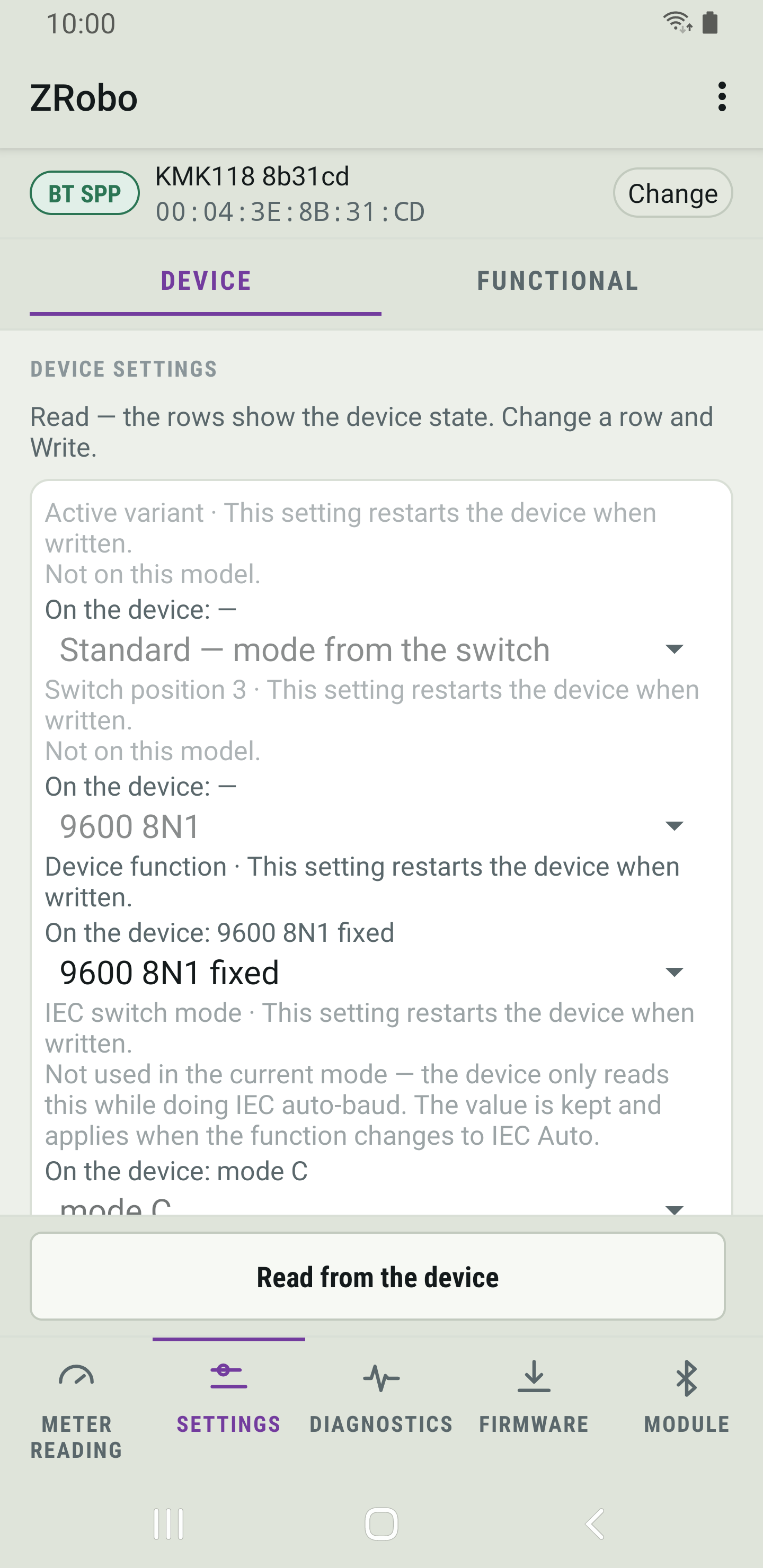 ZRobo's Settings page on the Device tab after reading a KMK118 probe, with rows such as Device function and the value each reports on the device.