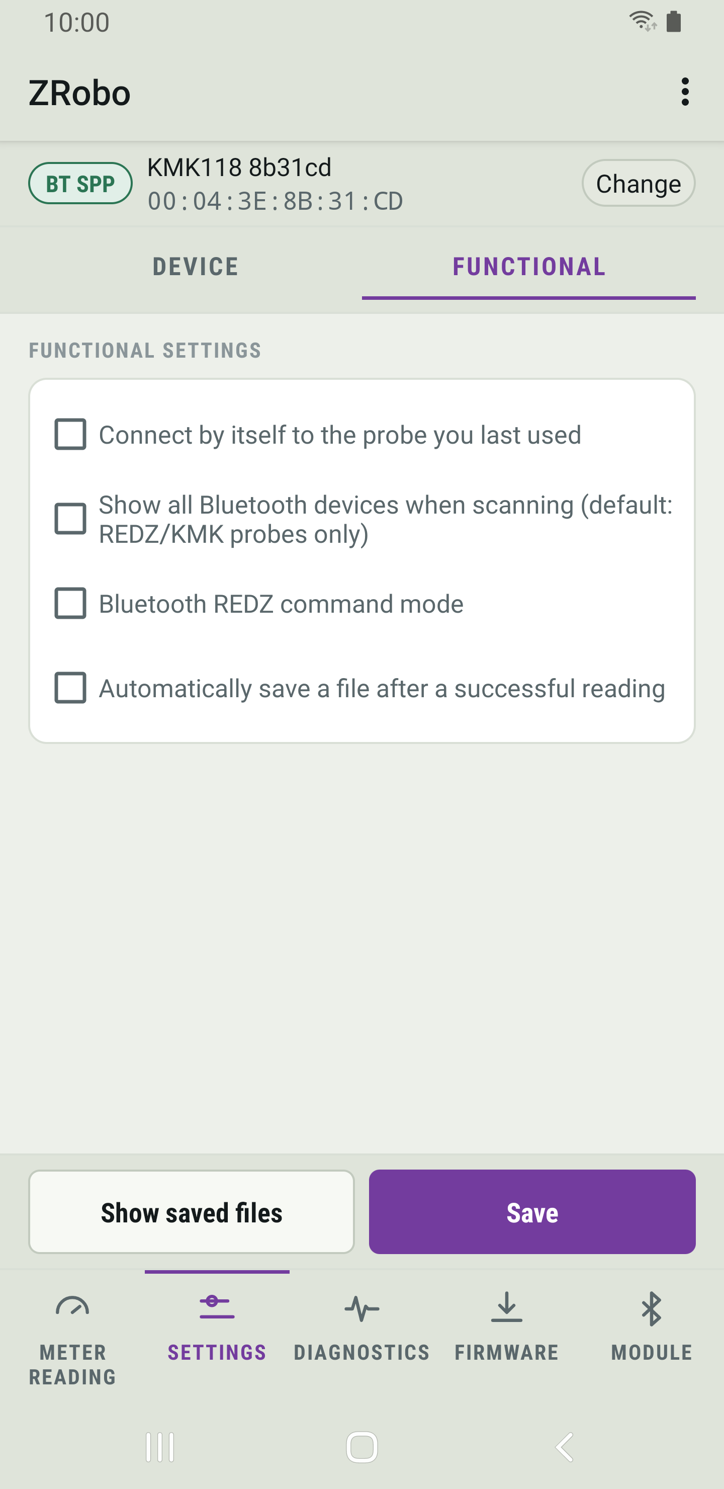 ZRobo's Settings page on the Functional tab, with four check boxes and the Show saved files and Save buttons.