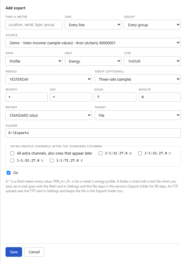 Add export form with meter filters, source, data, unit, step, period, tariff, month, day, hour and minute, report STANDARD (xlsx), target File, folder, the extra profile channel boxes, On and the note, with Save and Cancel.