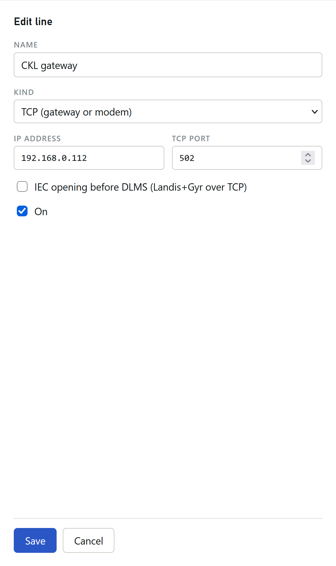Edit line form: Name CKL gateway, Kind TCP (gateway or modem), IP address 192.168.0.112, TCP port 502, IEC opening before DLMS unticked, On ticked, Save and Cancel.