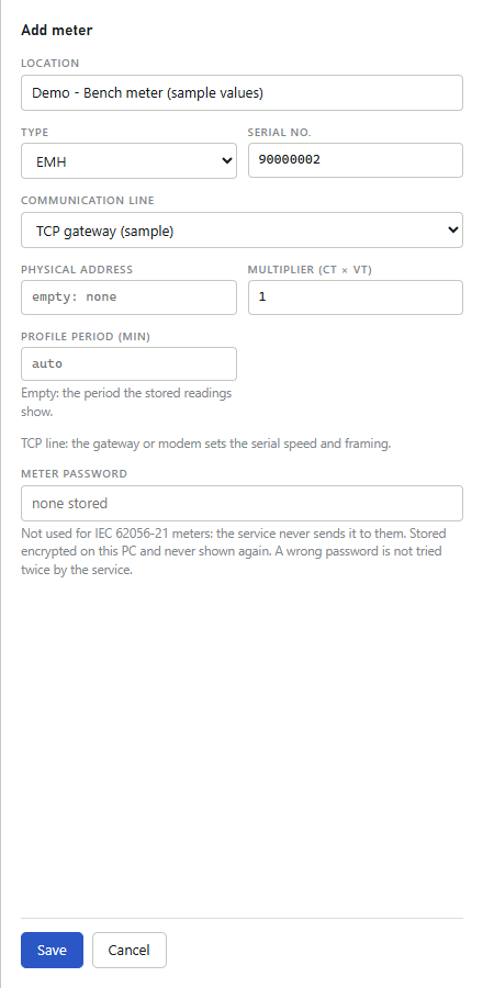 Add meter form: Location, Type EMH, Serial no., Communication line, Physical address empty, Multiplier 1, the TCP line note, Meter password empty, Save and Cancel.
