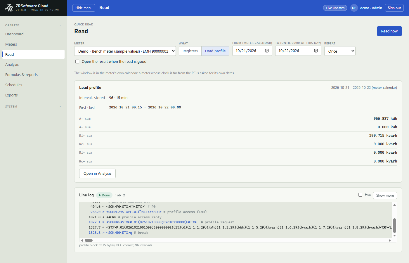 Read page with Load profile chosen, From and To, the Load profile card with intervals stored, first and last interval, channel sums, Open in Analysis, and the Line log.