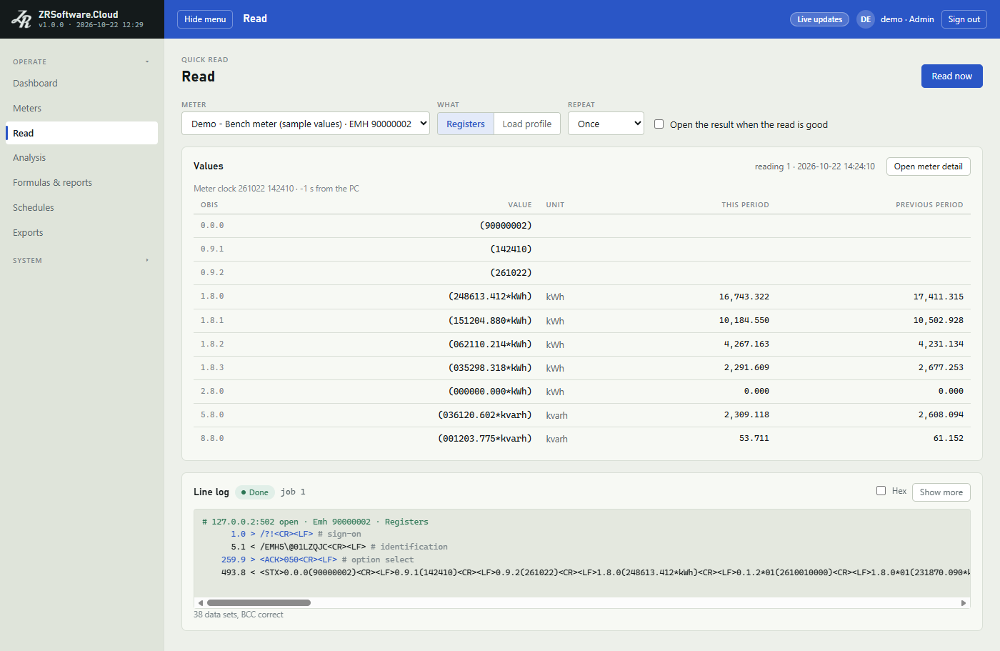 Read page: meter chosen, Registers, Values table with OBIS codes, units, this and previous period, meter clock line, Open meter detail, and the Line log marked Done.