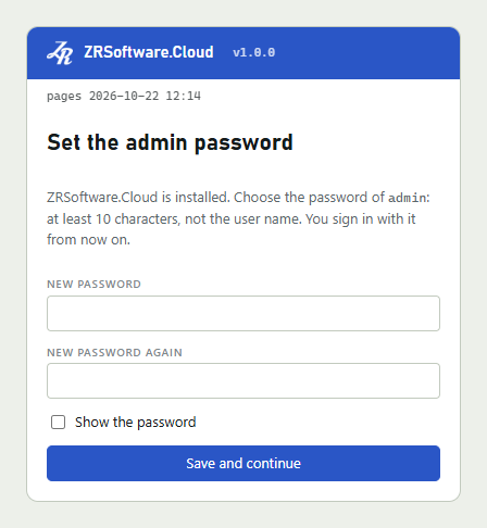 Set the admin password form with empty New password and New password again fields and a Save and continue button.