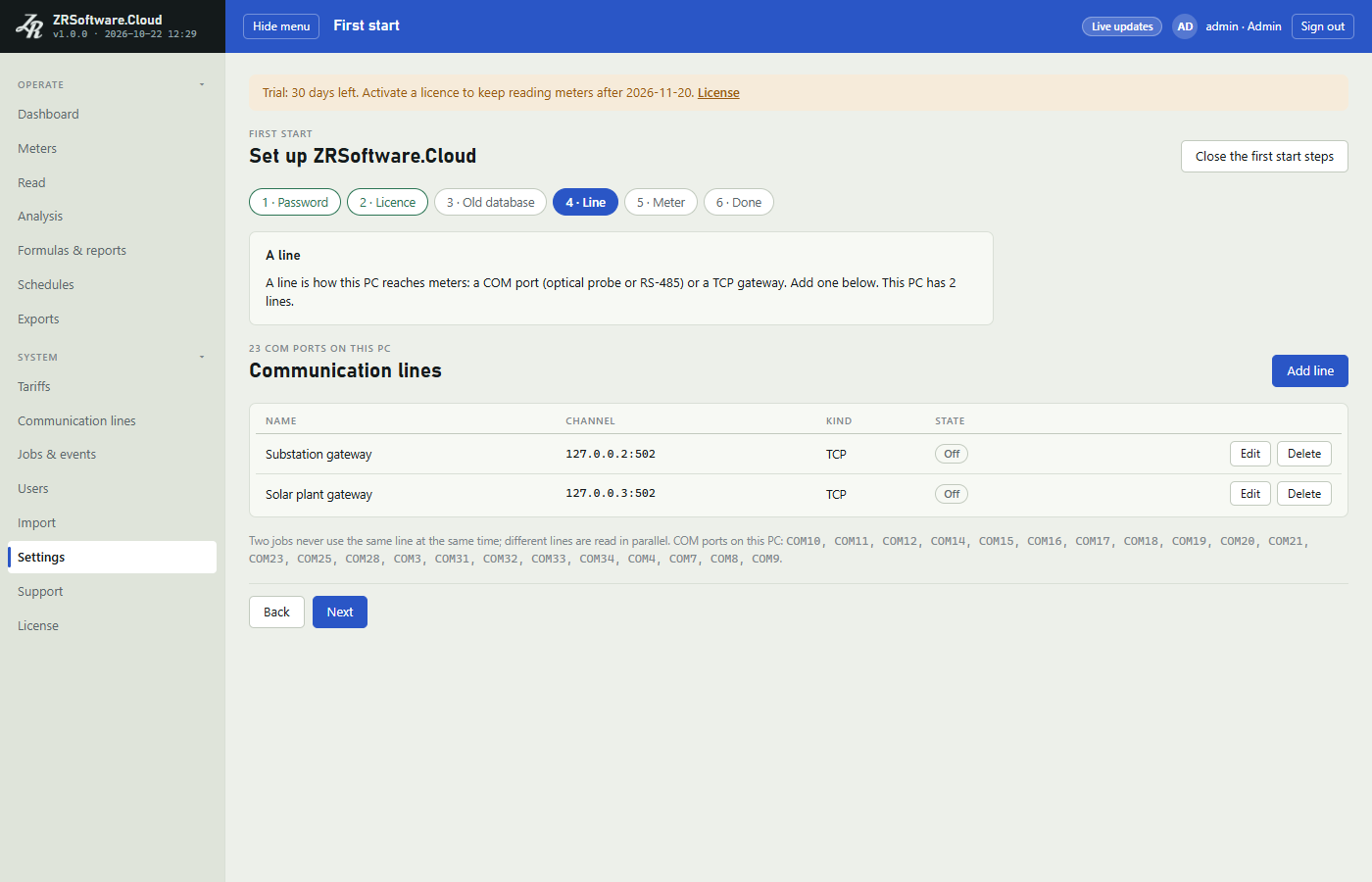 First start page with a row of six step buttons, Password and Licence marked done, the Line step selected, a short explanation of lines and the Communication lines list with two sample TCP lines.