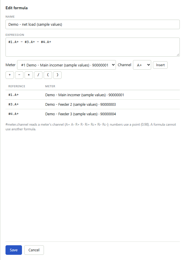 Edit formula form with Name, Expression, the Meter list and the Channel list with their labels, an Insert button, operator buttons and a Reference and Meter table.