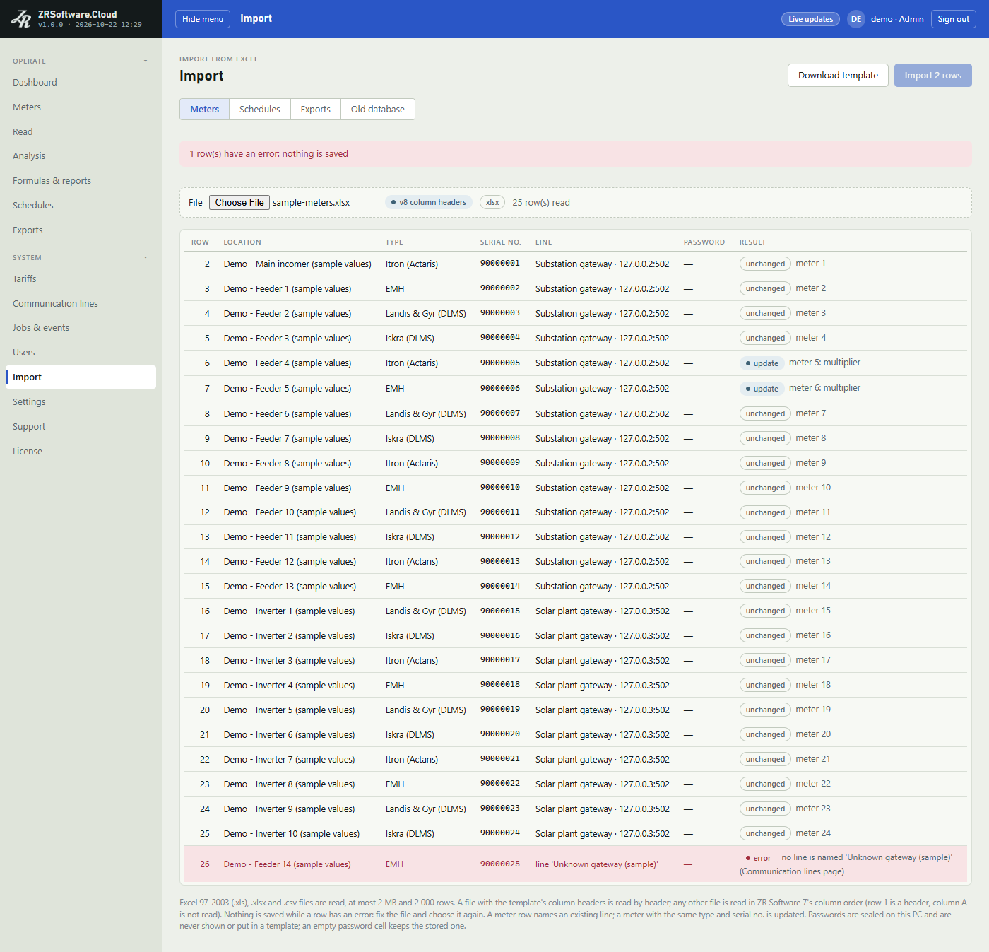 Import page on the Meters tab with a red banner that one row has an error and nothing is saved, the chosen file, chips for the column headers and file type, and a table of meter rows marked unchanged or update, with one red error row at the bottom.
