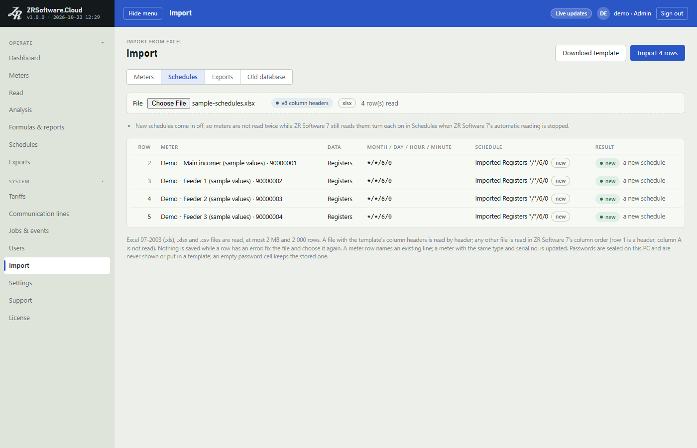 Import page, Schedules tab, after choosing a sample schedules file: the note that new schedules come in off above the table, and four sample meters each going into one new schedule, Registers at */*/6/0, marked new; the Import 4 rows button.