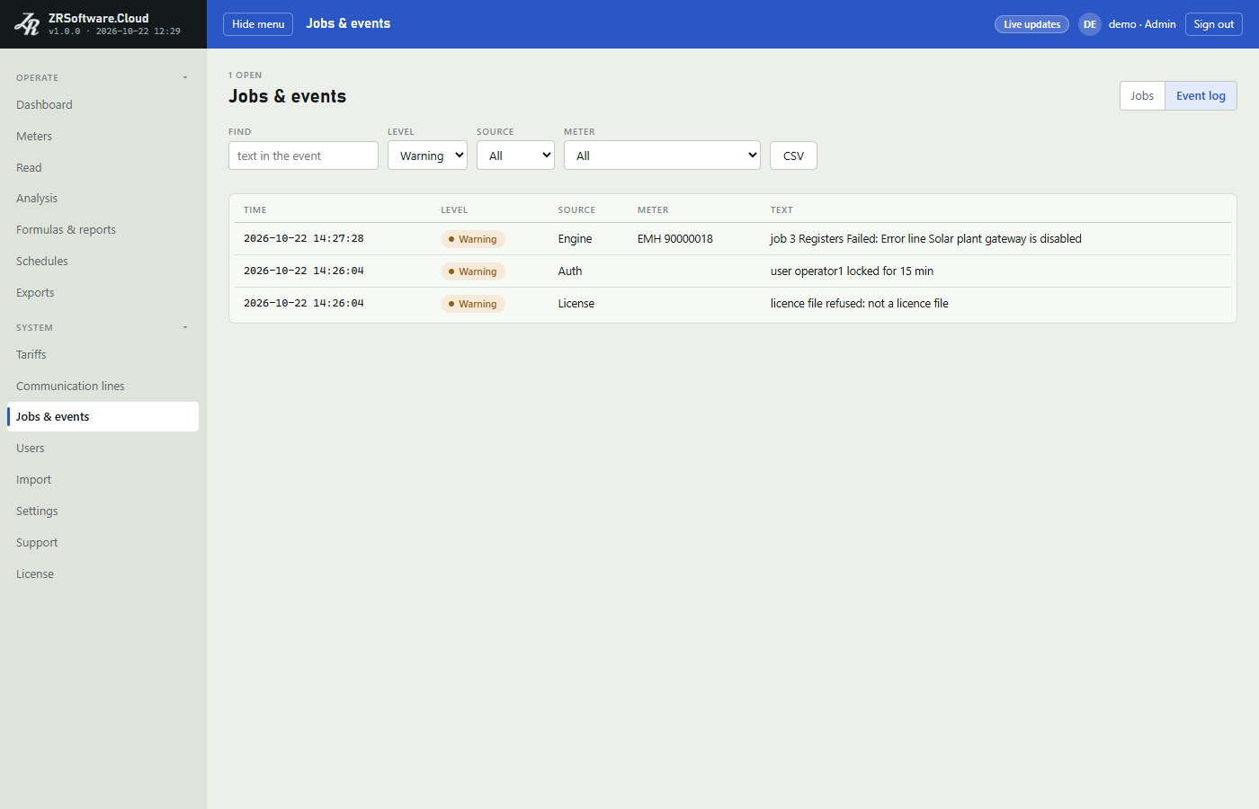 Jobs and events page on the Event log tab with the Find, Level, Source and Meter filters, the CSV button and three warning rows: a failed read on a switched-off line, a locked user and a refused licence file.