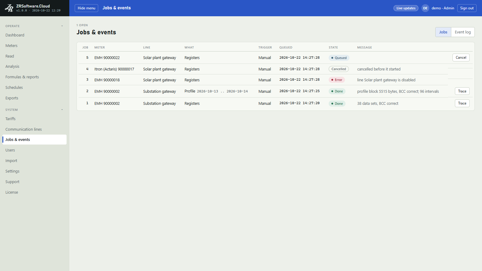 Jobs and events page on the Jobs tab with a table of jobs showing meter, line, what, trigger, queued time, state chip and message, with Cancel and Trace buttons.