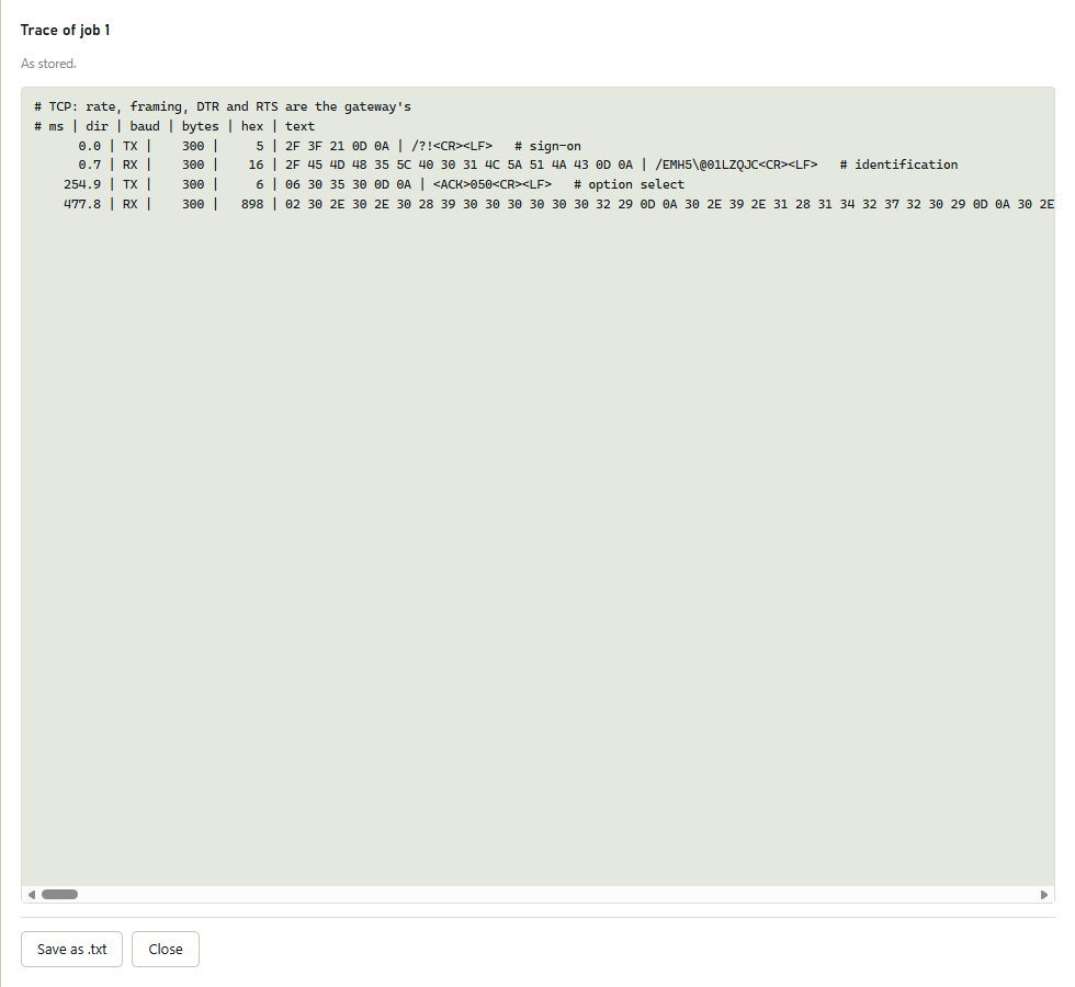 Trace of job panel with a note on what is stored, the trace as columns of time, direction, baud, bytes, hex and text, and the Save as .txt and Close buttons.
