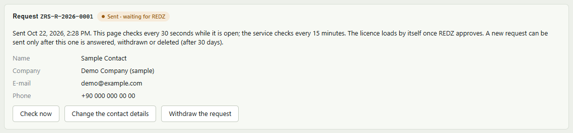 Request card with a sample request number, the Sent - waiting for REDZ chip, the sending time, how often the page and the service check, the sample contact details and the Check now, Change the contact details and Withdraw the request buttons.