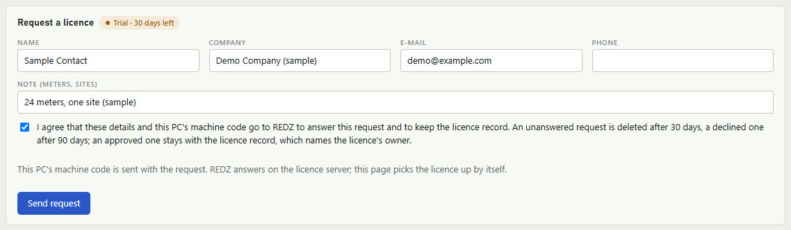 Request a licence card with name, company, e-mail and note filled in with sample values, the phone box empty, the agreement ticked and the Send request button.