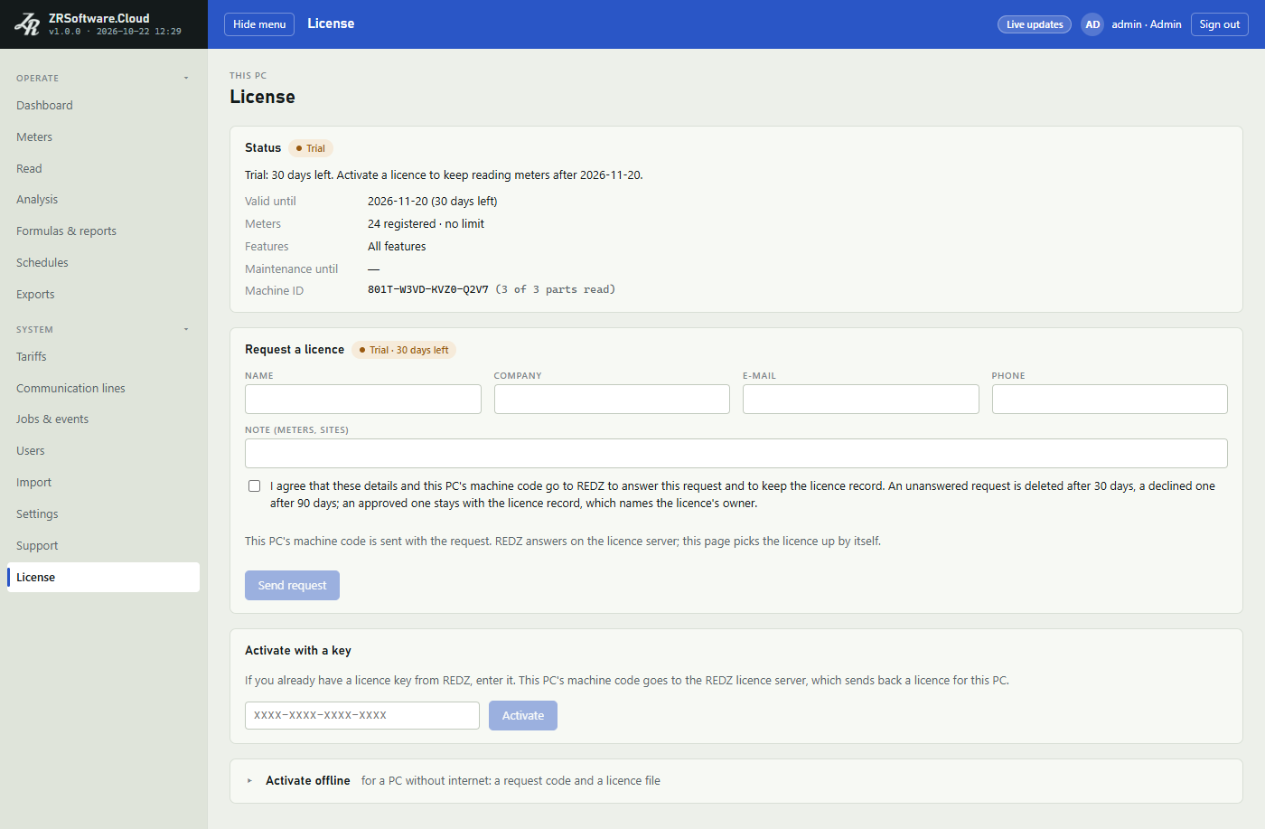 License page with the Status card (Trial chip, valid until, 24 meters, All features, machine ID), the empty Request a licence form with its agreement box, the Activate with a key card and the folded Activate offline card.