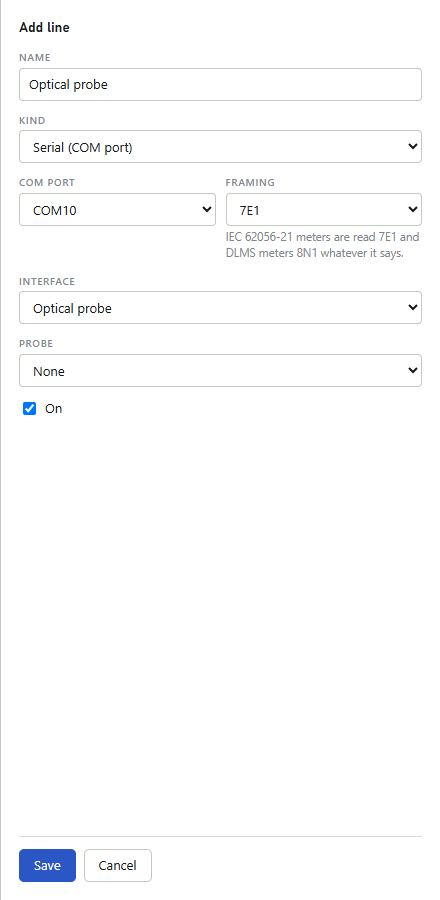 Add line drawer: Name Optical probe, Kind Serial (COM port), a COM port, Framing 7E1 with the note that IEC 62056-21 meters are read 7E1 and DLMS meters 8N1, Interface Optical probe, Probe None, On ticked, Save and Cancel.