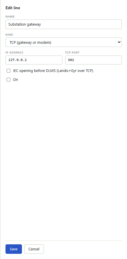 Edit line form with the fields Name, Kind set to TCP (gateway or modem), IP address, TCP port, two unticked boxes and the Save and Cancel buttons.