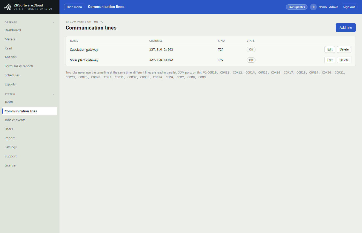 Communication lines page with a table of two TCP lines showing name, channel, kind and Off state, an Edit button per row and an Add line button.