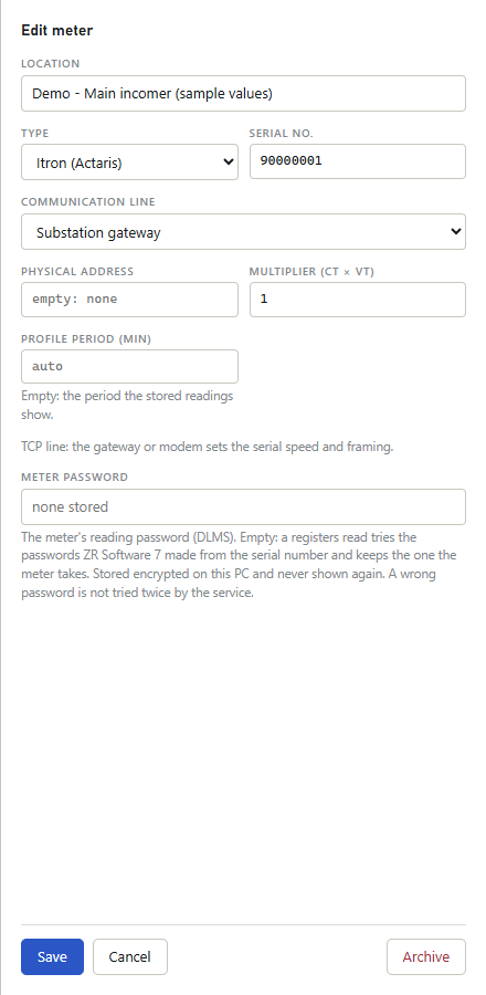 Edit meter form with the fields Location, Type, Serial no., Communication line, Physical address, Multiplier, Profile period and Meter password, and the Save, Cancel and Archive buttons.