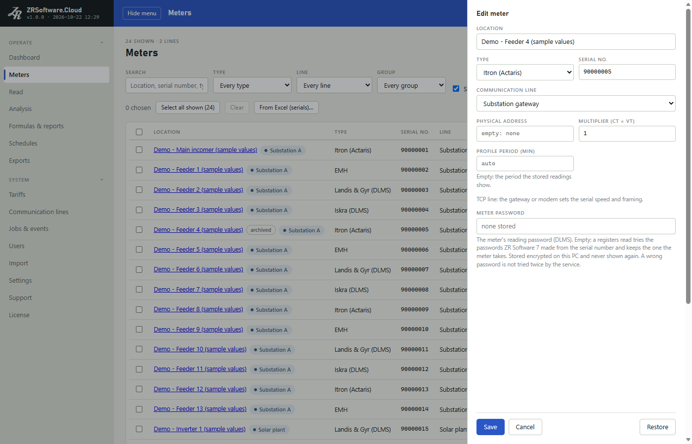 Meters page with Show archived ticked, one sample meter marked archived in the list, and its Edit meter drawer open with Save, Cancel and Restore.