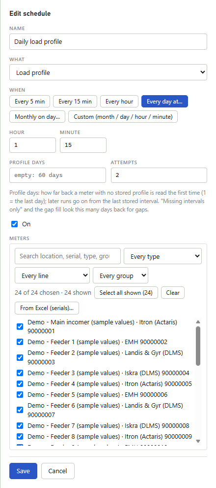 Edit schedule form with Name, What set to Load profile, the When buttons, Hour and Minute, Profile days with its default, Attempts, the On box and a meter list with filters and ticked sample meters.