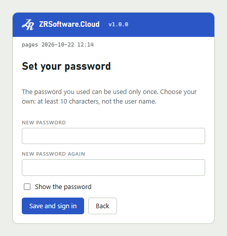 Set your password form with empty New password and New password again fields and the buttons Save and sign in and Back.