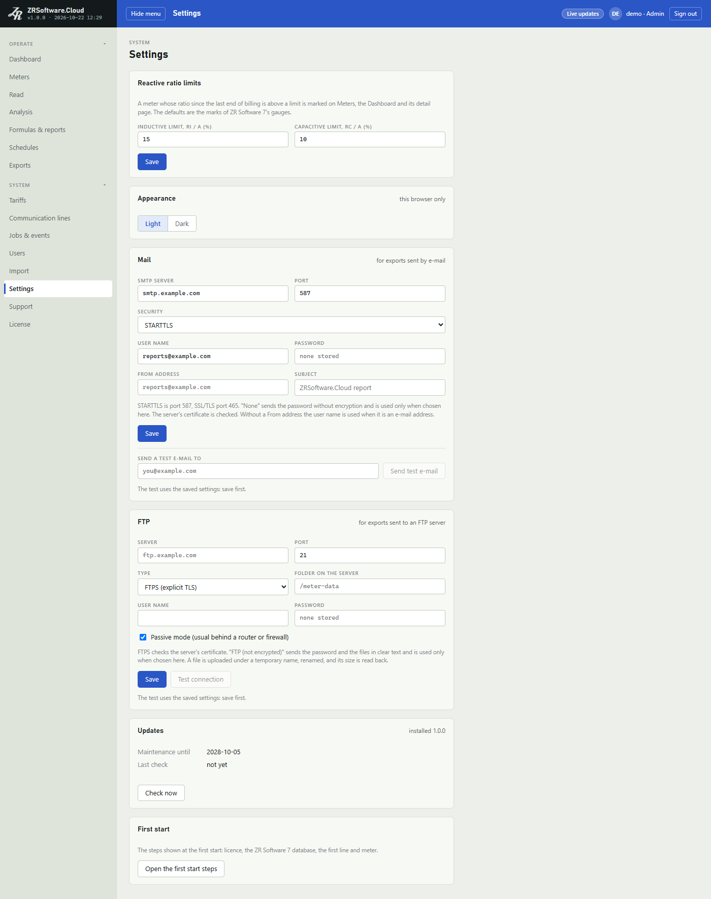 Settings page with the Reactive ratio limits, Appearance, Mail, FTP, Updates and First start cards; the Mail card with smtp.example.com, port 587, STARTTLS, a sample user name, no stored password and the test e-mail box, the empty FTP card, and the Updates card with Maintenance until, Last check not yet and Check now.
