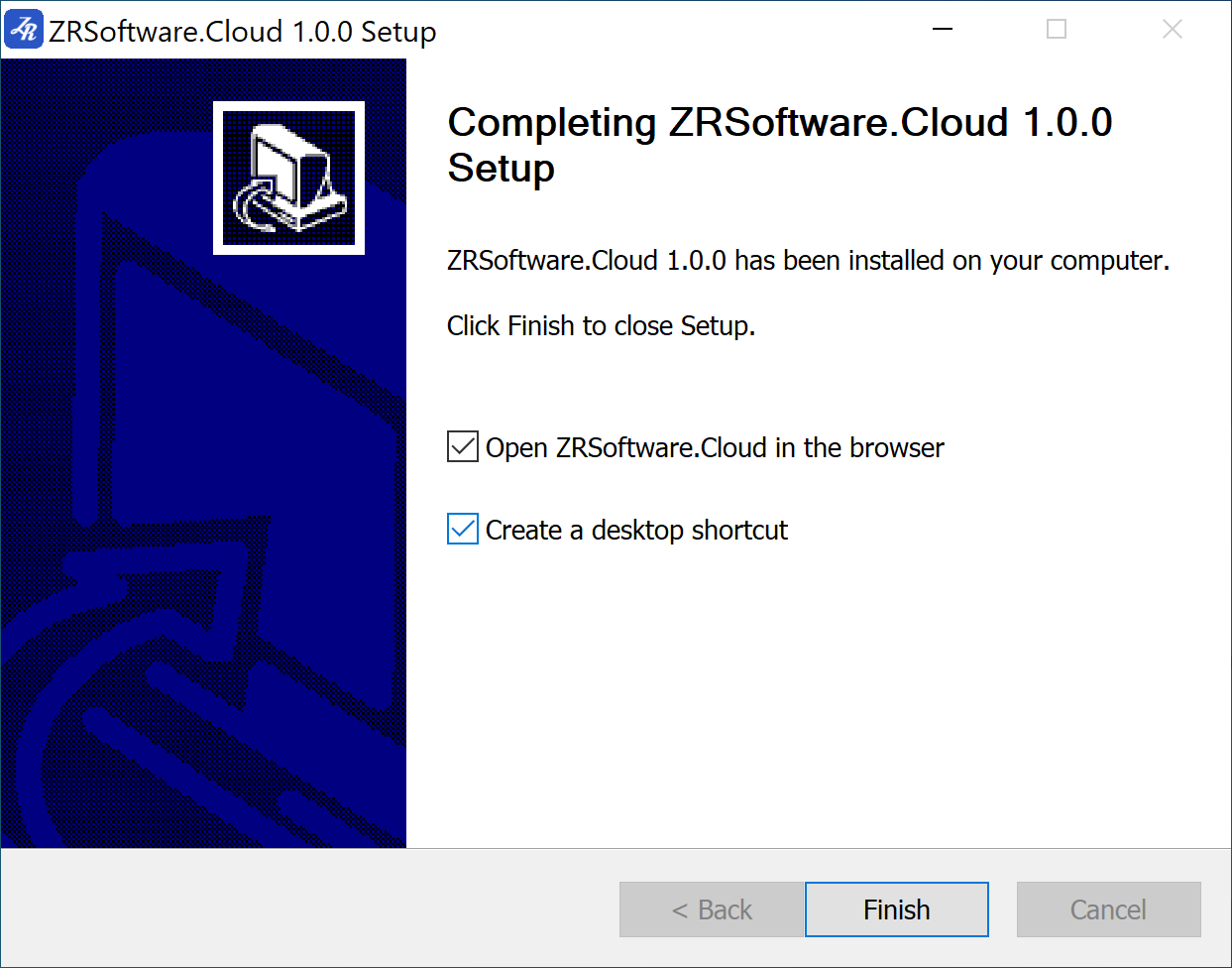 ZRSoftware.Cloud 1.0.0 Setup, page Completing ZRSoftware.Cloud 1.0.0 Setup, with the ticked boxes Open ZRSoftware.Cloud in the browser and Create a desktop shortcut, and the Finish button.