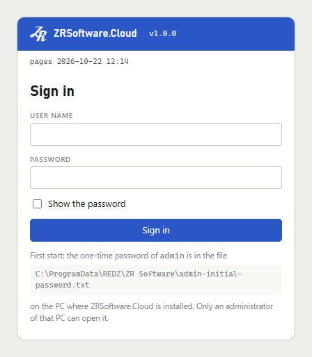Sign in form with the program name in a blue head, empty User name and Password fields, a Sign in button and a note that names the folder and file of the first admin's one-time password.