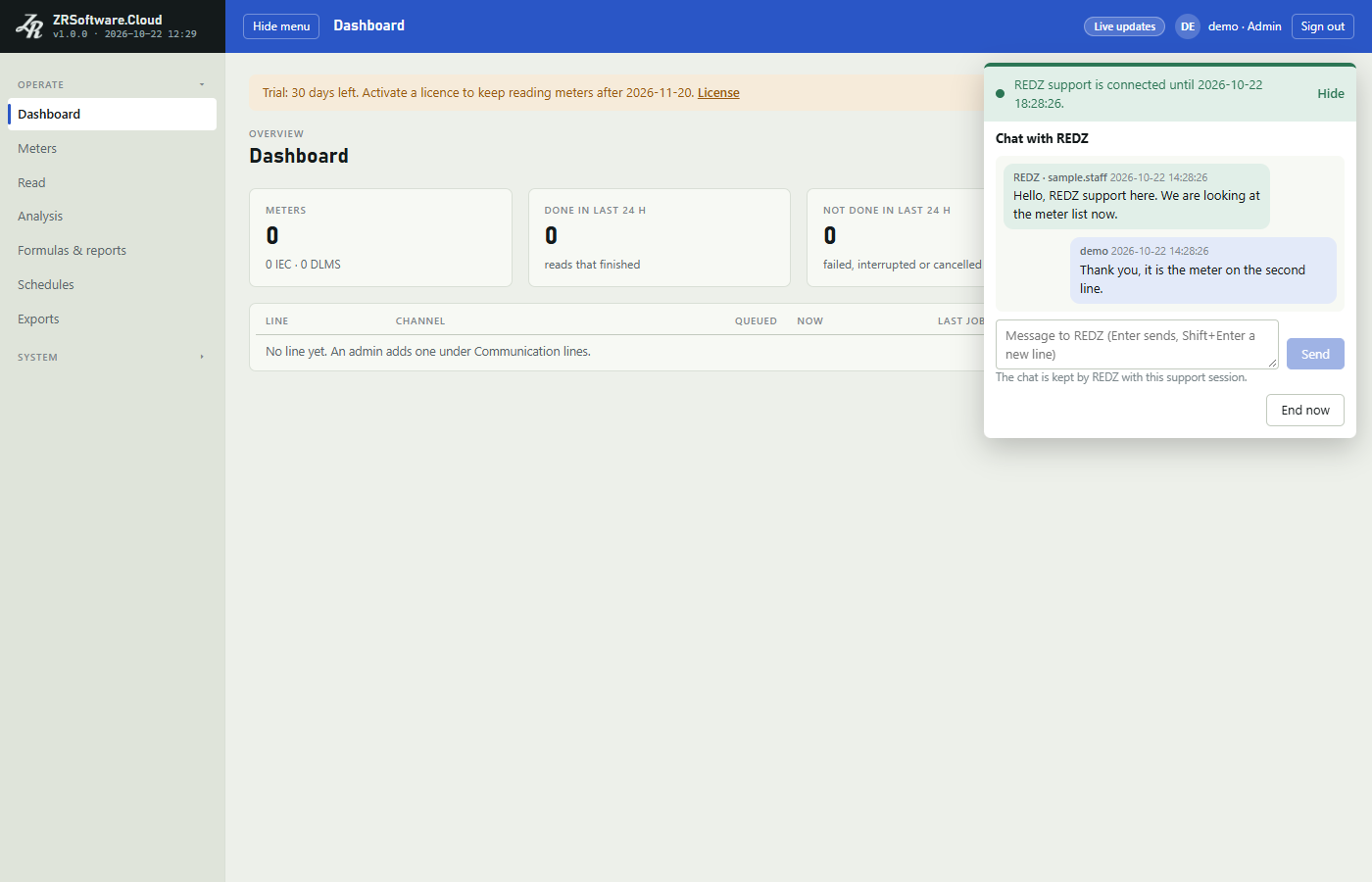Dashboard of a sample installation with the green REDZ support window open at the top right: the time the session runs until, Chat with REDZ, a line from REDZ staff and the admin's answer, the message box with Send, and End now.