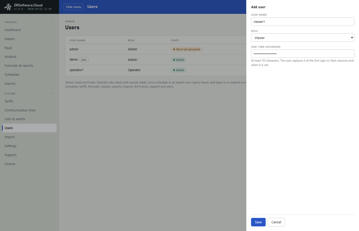 Users page with the Add user panel open on the right: user name viewer1, role Viewer, a filled one-time password with its note, and Save and Cancel; behind it the list of users.