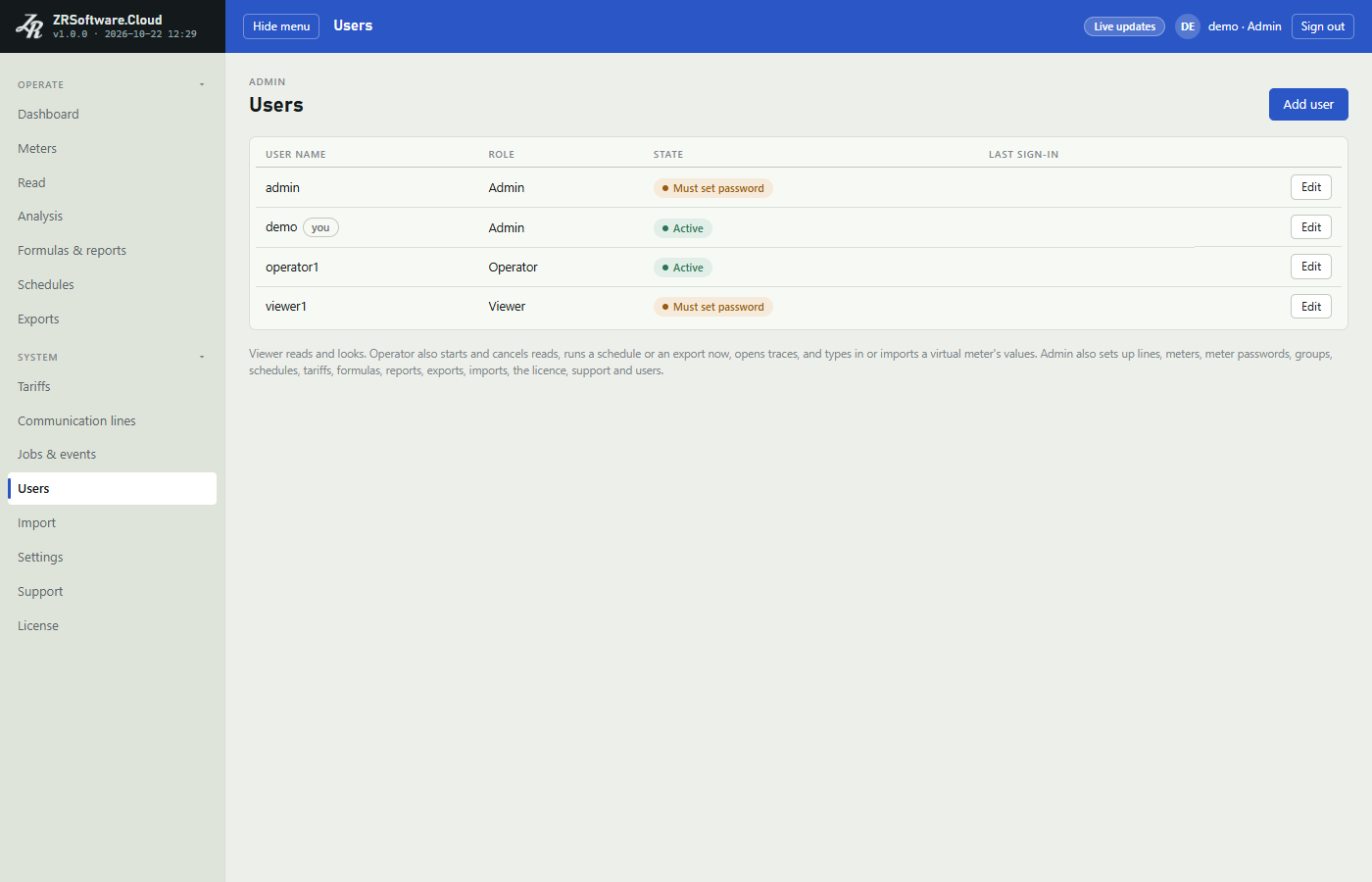 Users page with four users (admin, demo marked you, operator1, viewer1), their roles, states and Edit buttons, the Add user button and the role note under the list.