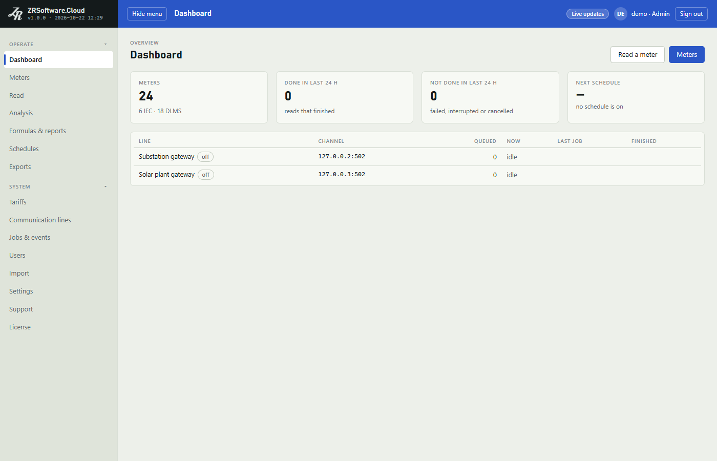 Program window with a blue top bar holding the page name, the Live mark, the user name with role and Sign out, the menu on the left and the Dashboard with meter counts and two sample lines.