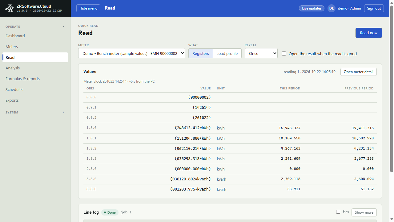 The Read page of a sample meter: the box Open the result when the read is good is unticked, Read now starts the read, the line log shows the sign-on and the data block, the Values card fills with OBIS, value, unit and the periods; then Show more and Hex in the line log.